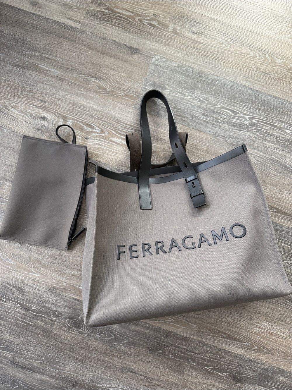 Salvatore Ferragamo Grey and black Canvas Logo Tote with Black Trim